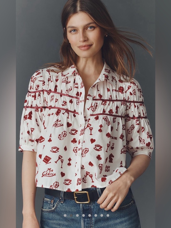 Maeve Tops - Maeve White Leandra Flocked Shirred Yoke Blouse by Maeve